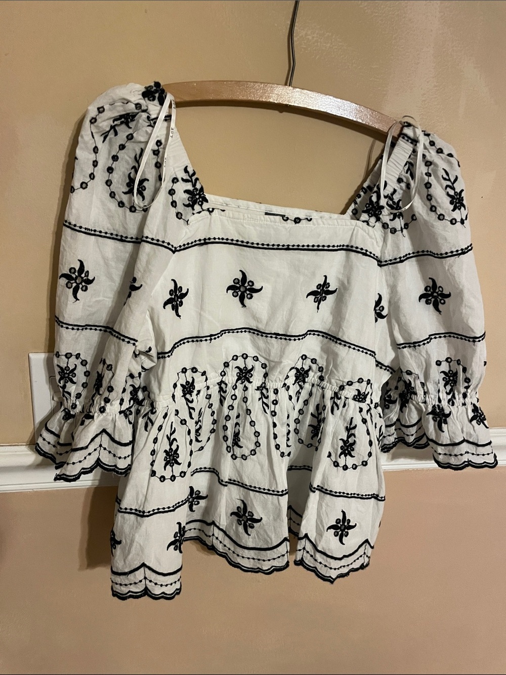 White Puff Sleeve Peasant Blouse with Black Embroidery